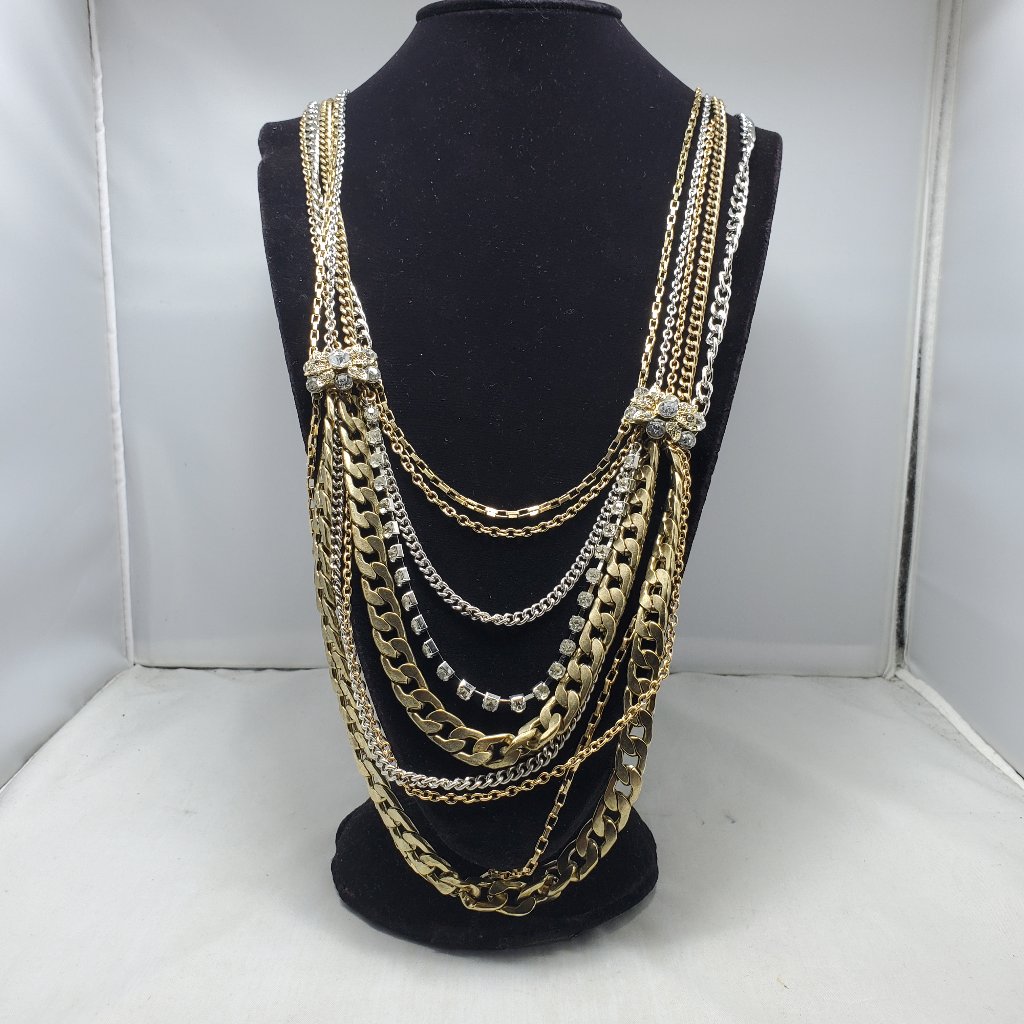 Bijou Cleopatra Gold Silver Rhinestone Layered Necklace